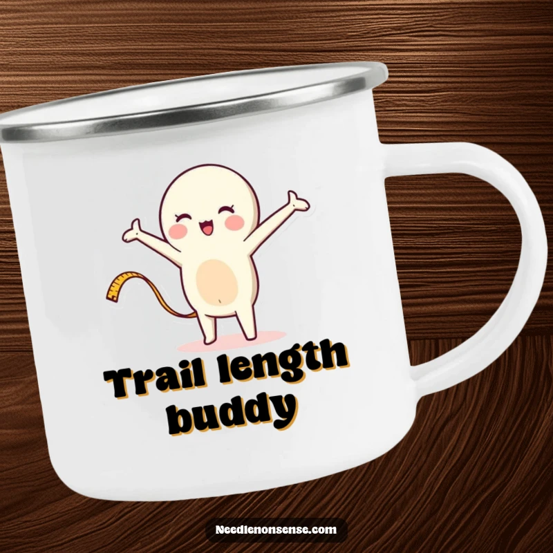 Funny camping mug showing a whimsical measuring tape character stretching energetically, ideal for outdoor enthusiasts who love accuracy and humor.