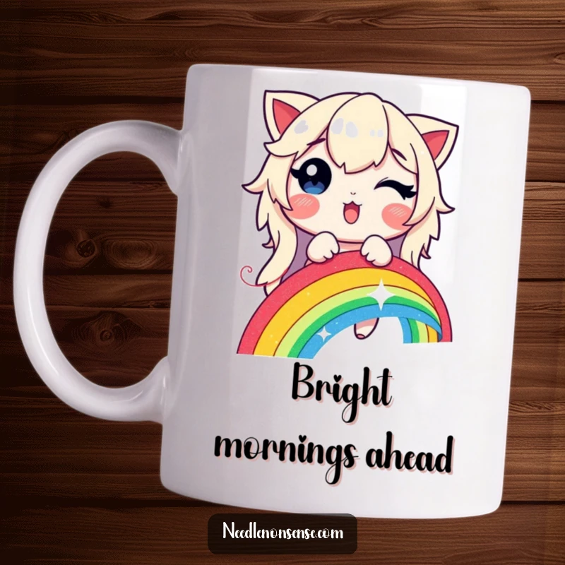 Funny, artistic mug showing a delighted character stitching a bright rainbow with a magical, glowing thread.