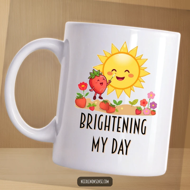 Funny mug featuring a happy strawberry character joyfully painting a giant, smiling sun with vibrant colors, radiating positivity.
