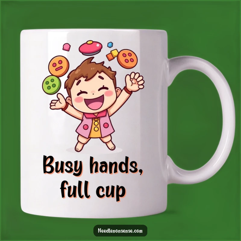 Funny Button Juggling Character Mug, a Delightful and Hilarious Crafting Gift for Enthusiasts