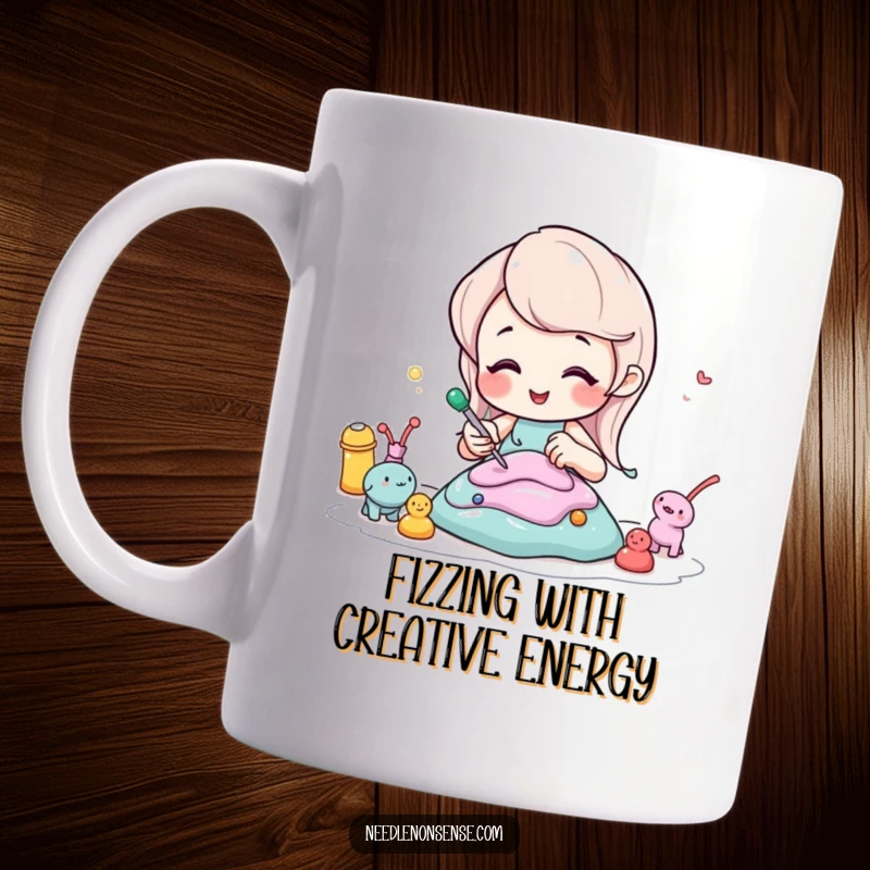 Funny mug showing a happy, bubbly soda character creating small figures from colorful putty, exuding joy and artistry.