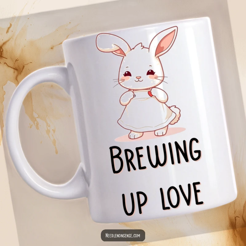 Funny playful bunny wearing a cute apron, stitching a tiny heart, a delightful and humorous mug for crafters.