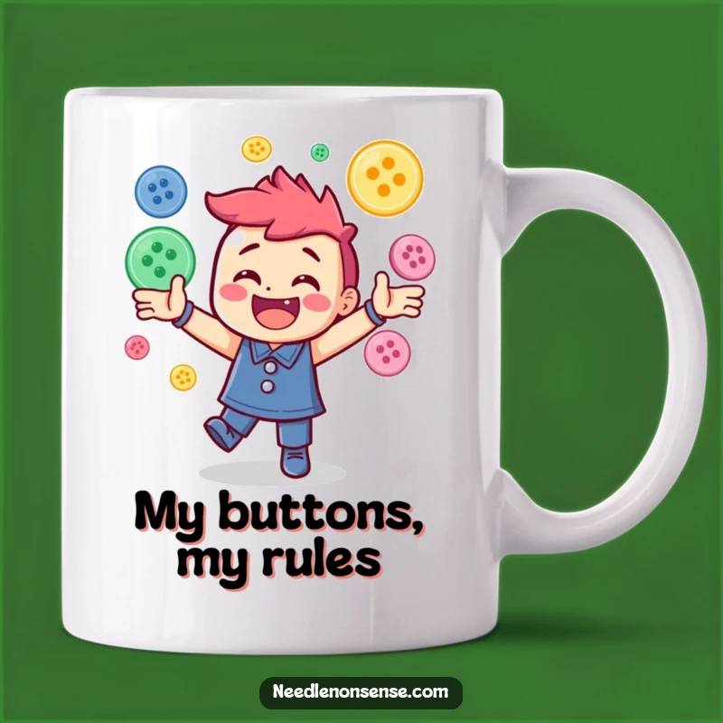 Funny Button Juggling Mug: Cheerful Character Sewing Gift for Crafters