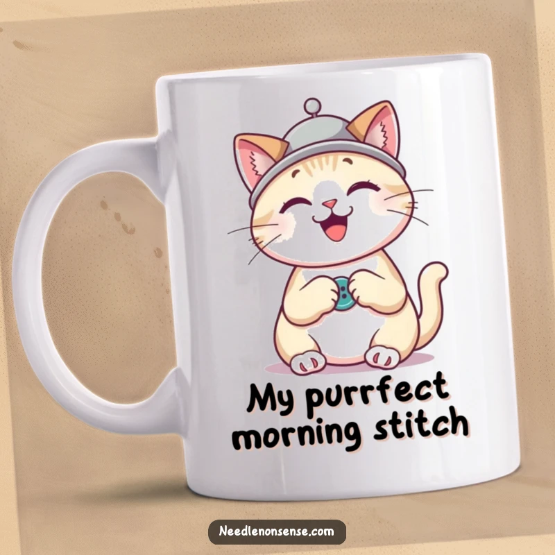 Funny cat wearing a thimble hat sewing enthusiastically, a delightful and humorous image for craft lovers.