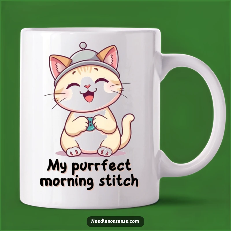 Funny Cat Sewing Gift Mug: Happy Kitty with Thimble Hat, Perfect for Crafty Cat Lovers