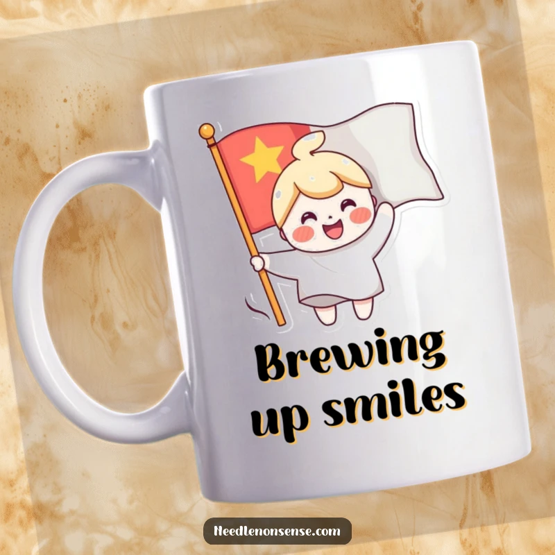 Funny mug featuring a cheerful character sewing a smiling face onto a waving flag, symbolizing happiness and positivity.