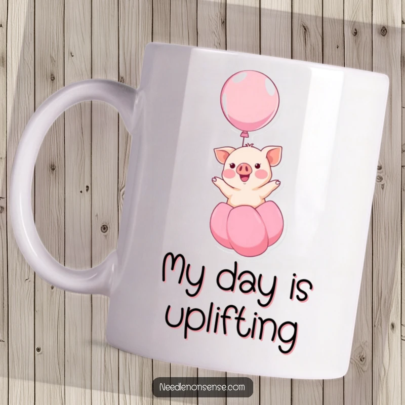 Funny kawaii piglet smiling while floating upwards on a large balloon, exuding gentle happiness on this mug, perfect for gifting.
