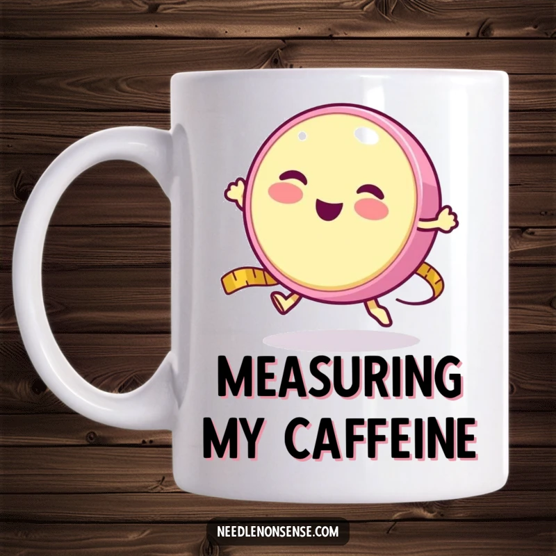 Funny mug featuring a round measuring tape character happily bouncing like a yo-yo, celebrating playful measurement.