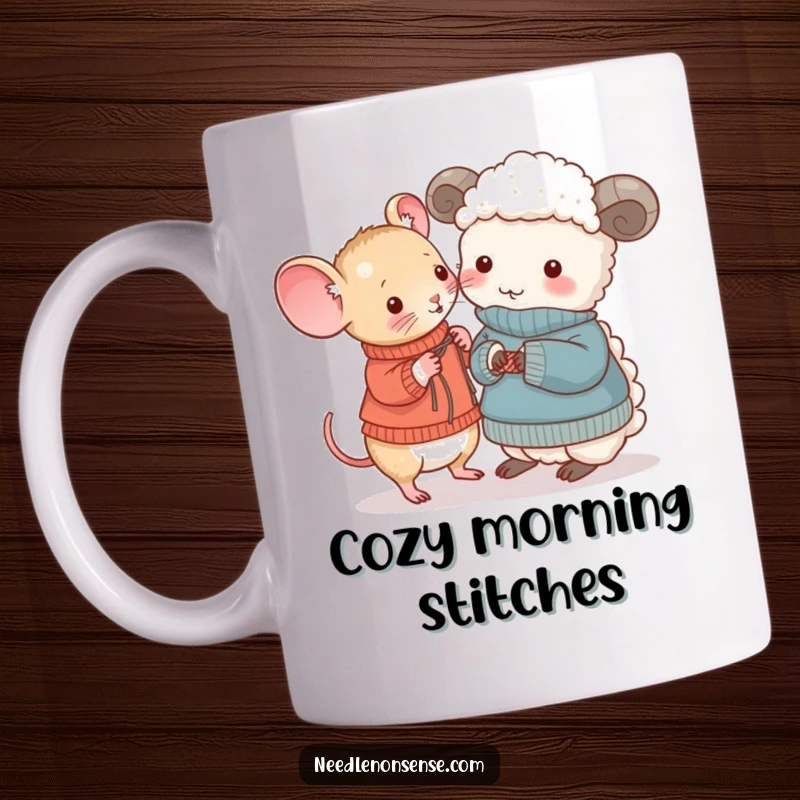 Funny Mouse and Sheep Knitting Mug, a tiny mouse knits a sweater for an amused sheep, funny crafty gift.
