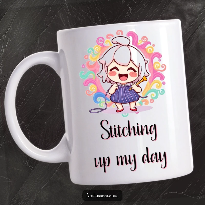 Funny delighted needle character joyfully stitching a vibrant, swirling pattern, showcasing crafting delight on this mug.