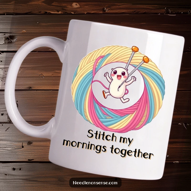Funny mug featuring a cute needle character gleefully leaping through a giant loop of colorful thread, celebrating the joy of sewing.