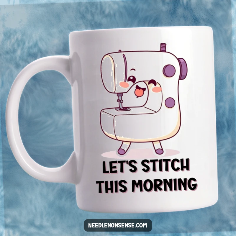Funny Mug depicting a smiling sewing machine character energetically doing a cheerful dance, celebrating the art of sewing.