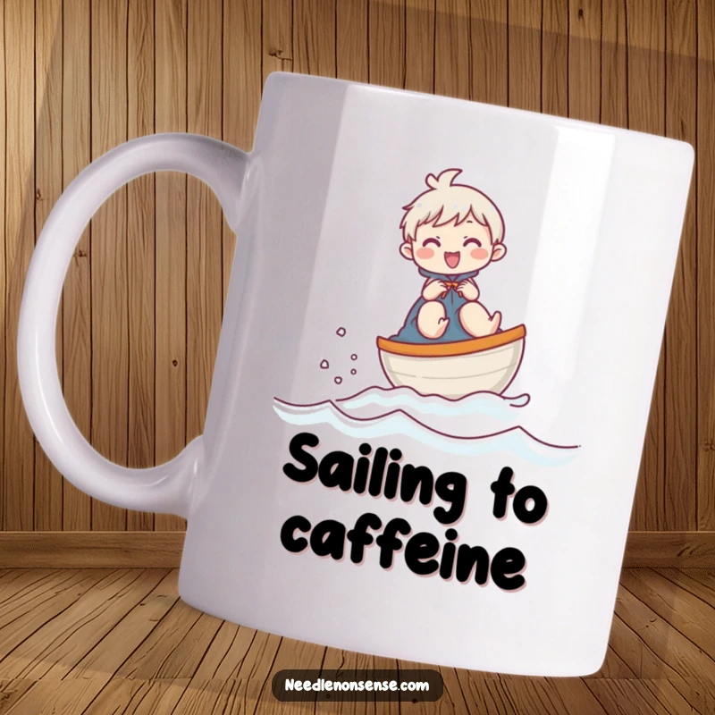 Funny mug of a giggling cartoon character sailing a thimble like a tiny boat across a fabric sea, conveying pure joy.