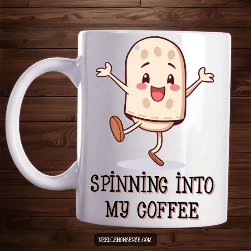 Funny playful thimble character performing a triumphant cartwheel, cartoon style, on a mug.