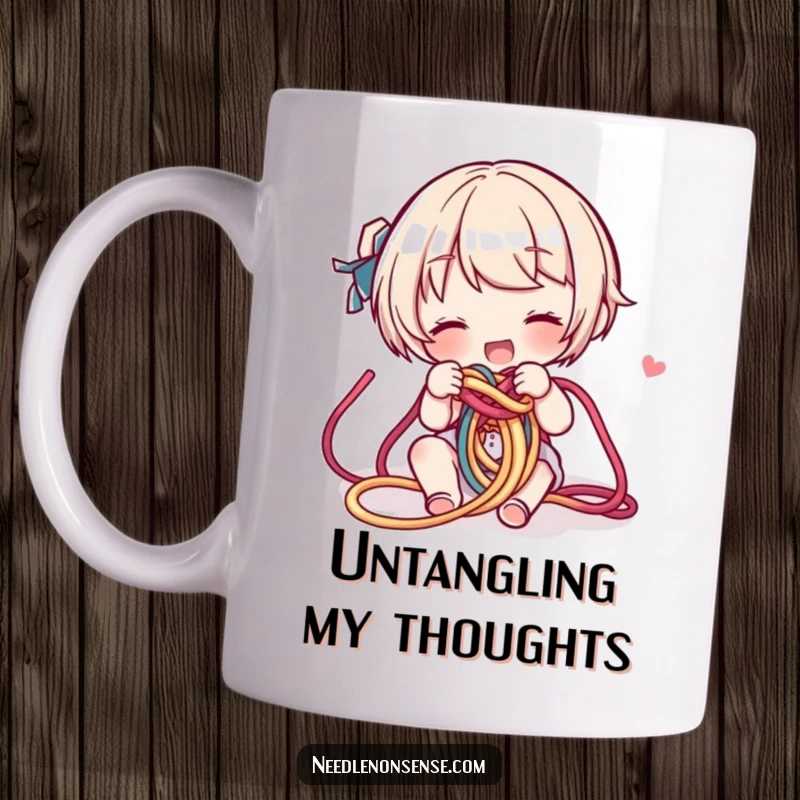 Funny Yarn Knot Mug: A character playfully untangles a colorful, chaotic knot of yarn with a determined smile.