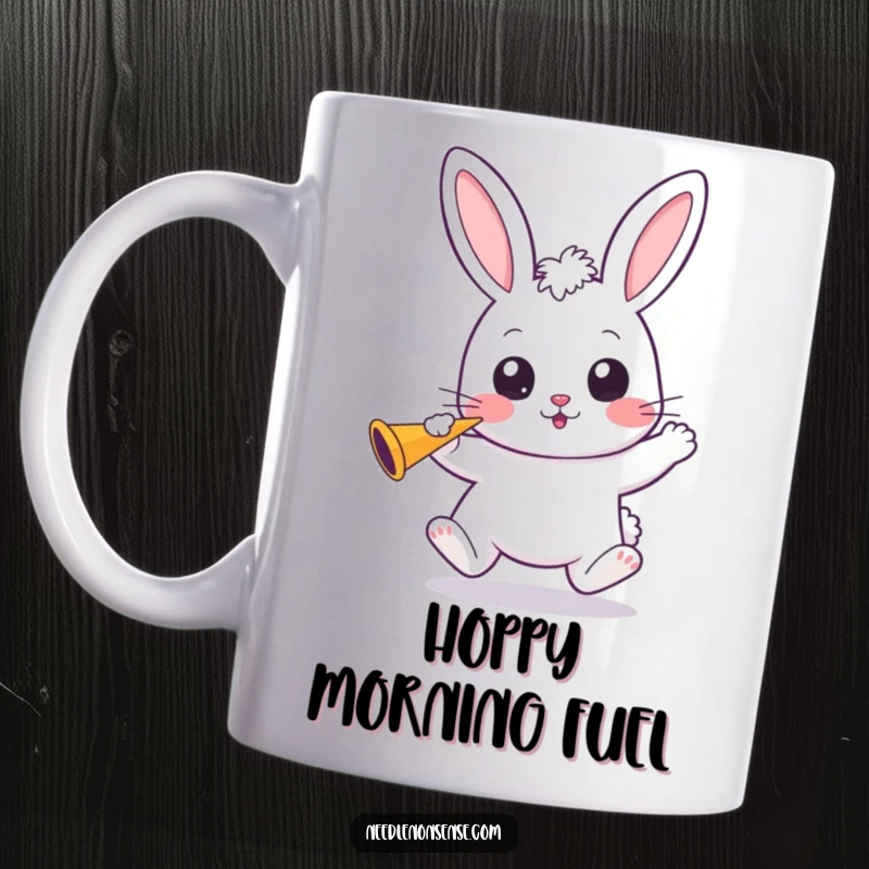Funny Kawaii Bunny Mug: A cute bunny bounces with wide eyes, happily holding a party horn, ready to celebrate.