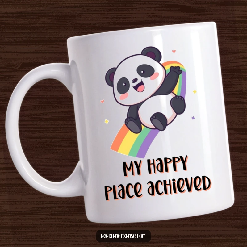 Funny Kawaii Panda mug joyfully sliding down a vibrant rainbow, radiating pure glee and happiness. Perfect for gifting.