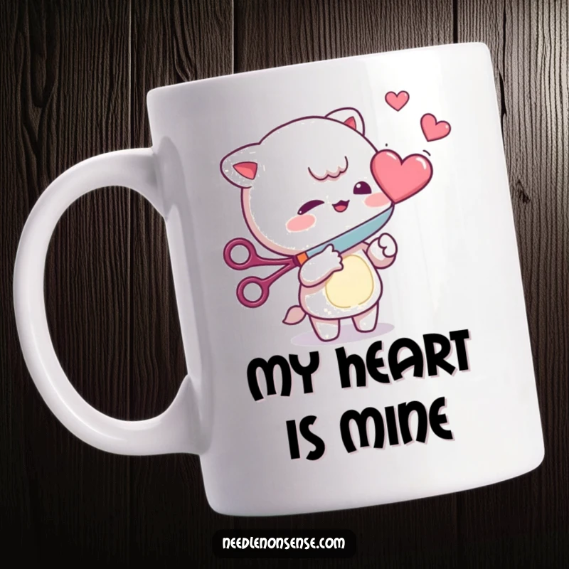Funny Mug: Mischievous character playfully cutting a floating heart with scissors, showcasing a cheeky attitude.