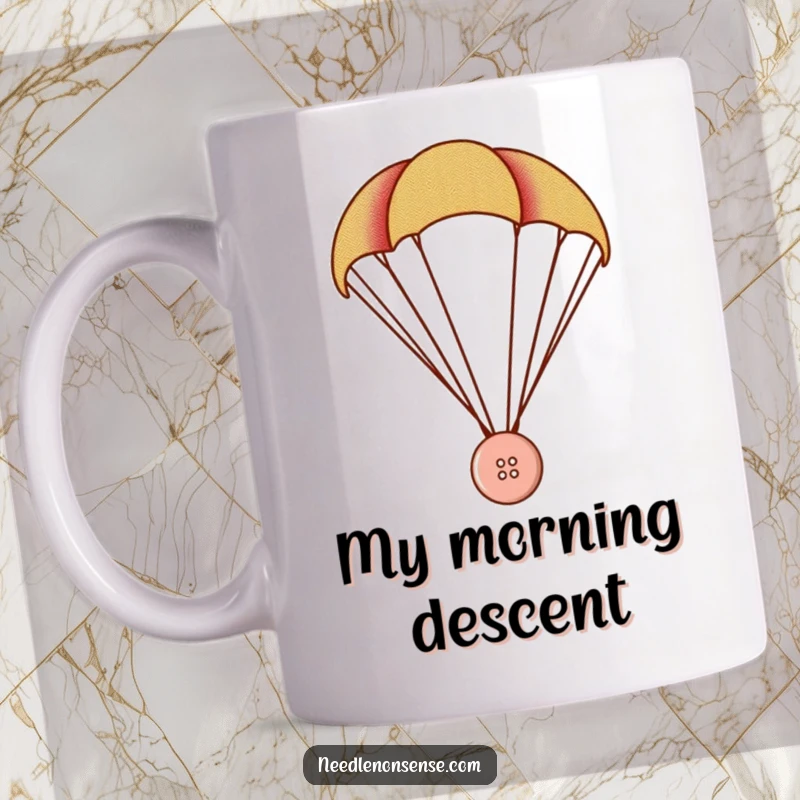 Funny Button Parachute Mug, a tiny button uses a fabric swatch as a parachute, funny adventure gift.