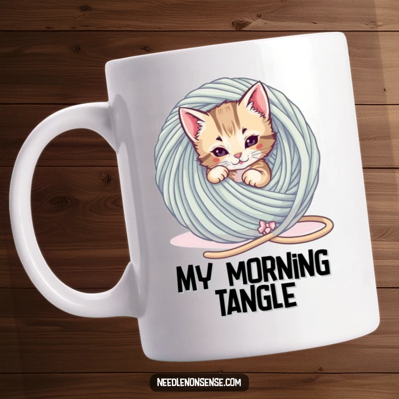 Funny Kitten Yarn Tangle Mug, a playful kitten is tangled in a giant ball of yarn, funny cat gift.