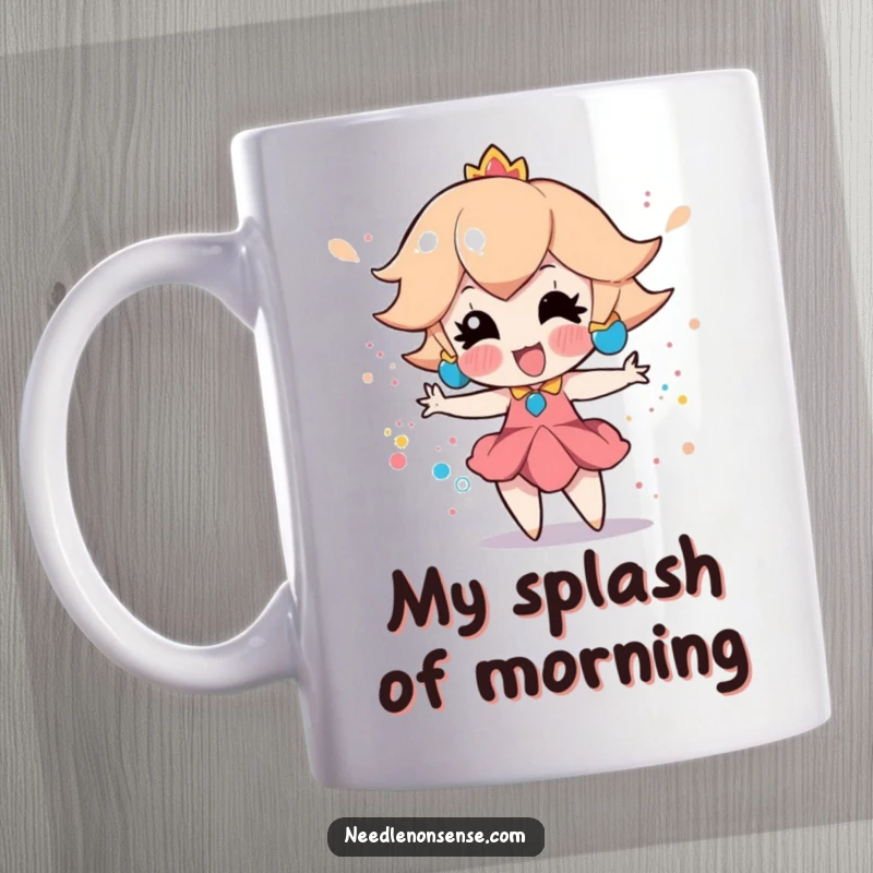 Funny mug featuring a playful peach character enthusiastically creating a vibrant splatter paint effect with colorful paints, looking delighted.