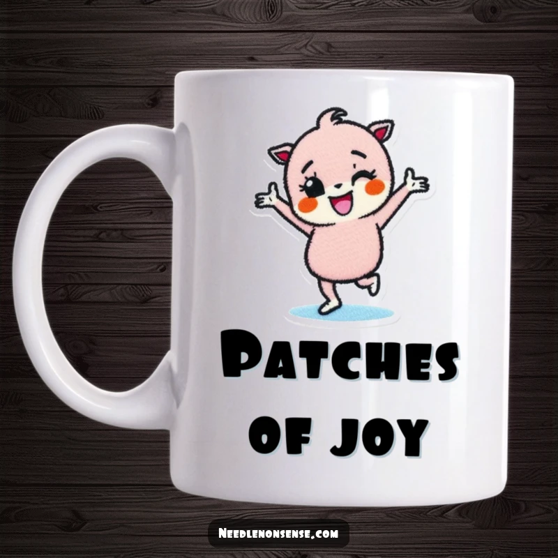 Funny mug featuring a determined fabric patch character joyfully dancing, exuding happiness and crafty spirit.