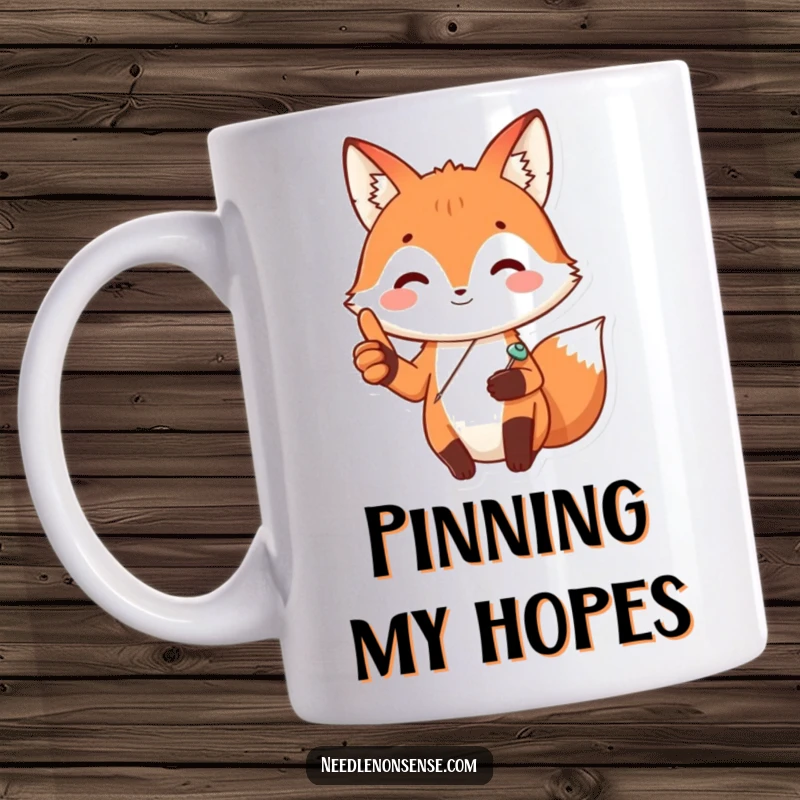 Funny Fox Sewing Mug, featuring a happy fox with a sewing pin, giving a thumbs up, celebrating crafting.