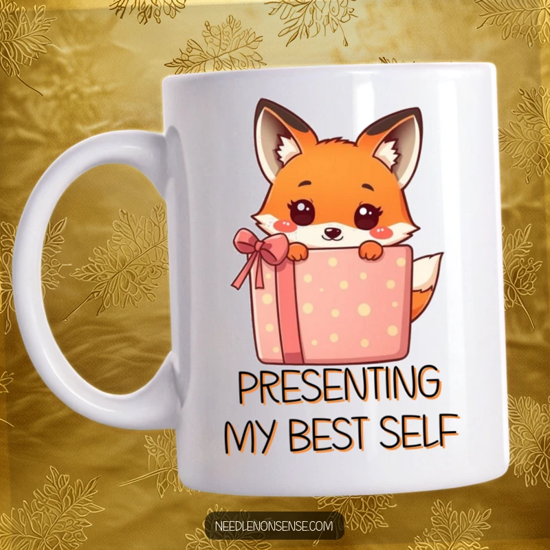 Funny kawaii fox peeking out from behind a giant, vibrant gift box, looking mischievous on this mug, perfect for gifting.