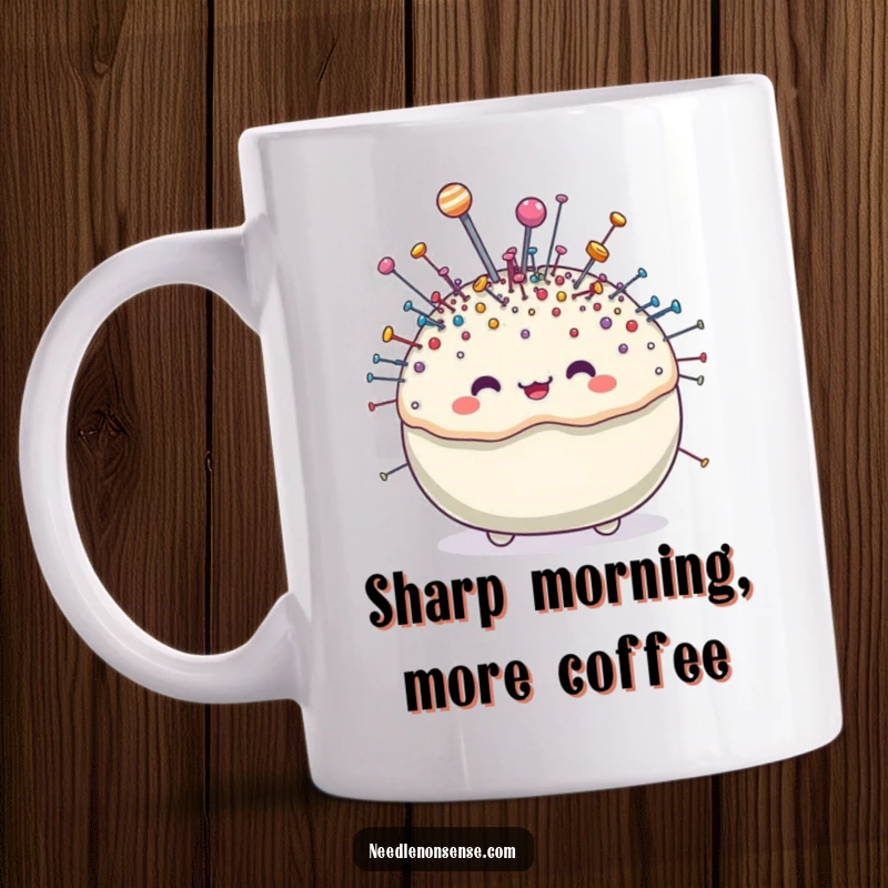 Funny pincushion character mug, brimming with tiny sparkling pins, a cute and humorous item for sewers.