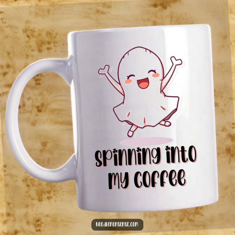 Funny Mug featuring a happy fabric scrap character performing a joyful cartwheel, full of energetic delight.