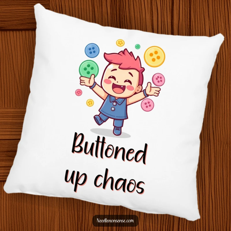 Funny pillow with a cheerful character in the midst of energetically juggling multiple colorful sewing buttons, a soft and humorous accent.