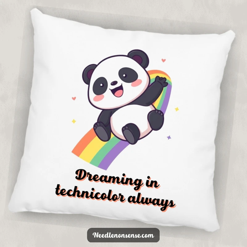 Funny Kawaii Panda pillow featuring a panda sliding down a rainbow, offering comfort and a splash of happy color.