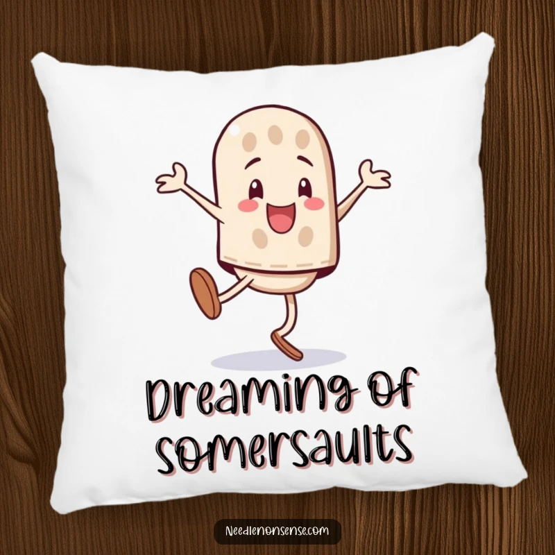 Funny playful thimble character performing a triumphant cartwheel, soft plush pillow for comfort.