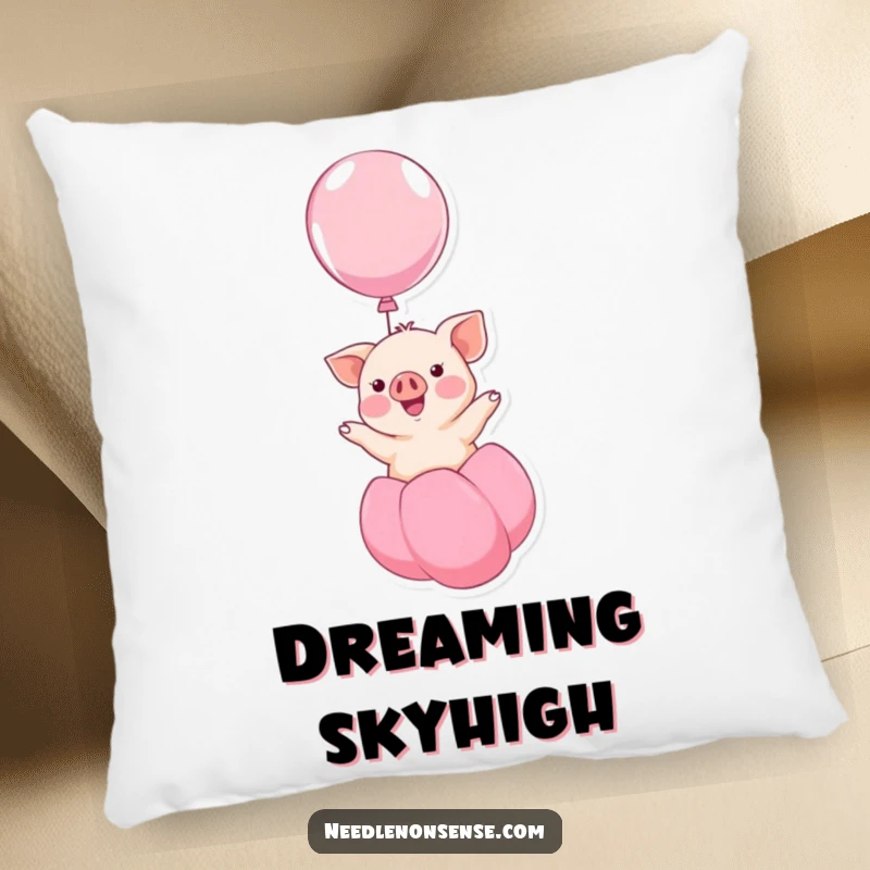 Funny kawaii piglet smiling while floating upwards on a balloon, a humorous and cuddly design on this pillow, great for comfort.