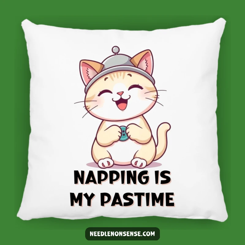 Funny Cat Sewing Pillow: Cozy Thimble Hat Kitty Cushion, Humorous Decor Gift for Crafters