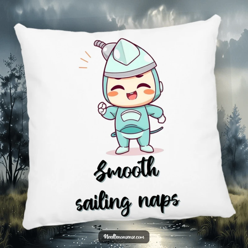 Funny pillow with a determined iron character joyfully smoothing out wrinkles, offering comfort and tidy charm.