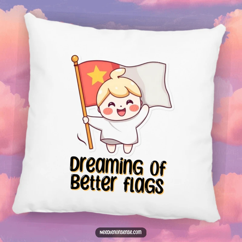 Funny pillow featuring a cheerful character sewing a smiling face onto a waving flag, adding soft humor and positivity to any room.