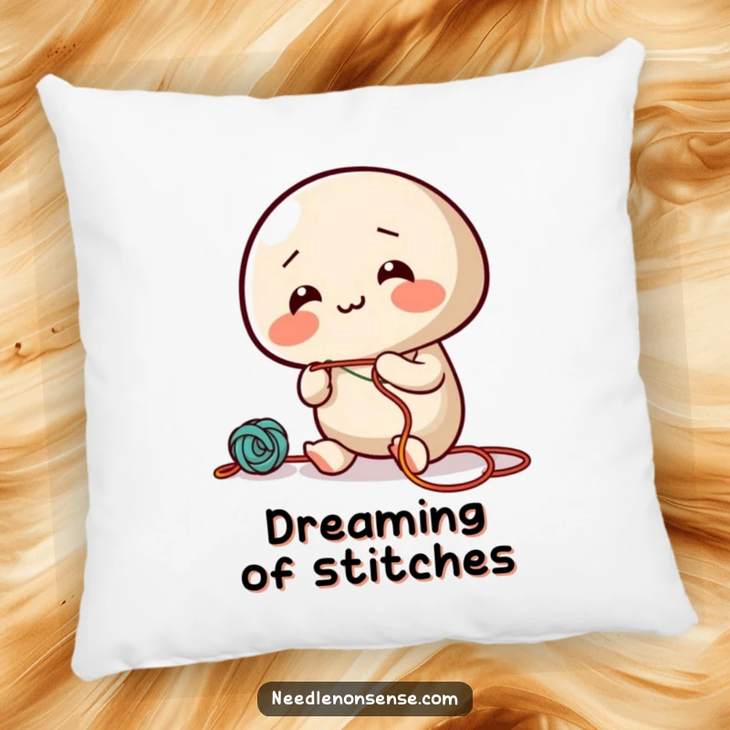 Funny pillow with a giggling needle character joyfully threading colorful string, offering whimsical comfort and decor.
