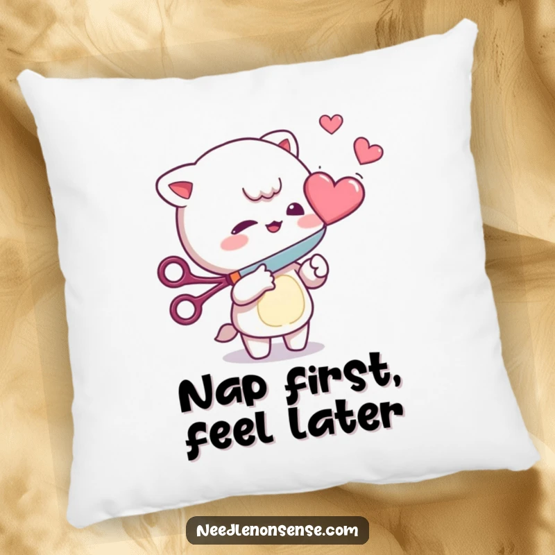 Funny Pillow: Mischievous character playfully cutting a floating heart with scissors, adding humor to any seating area.