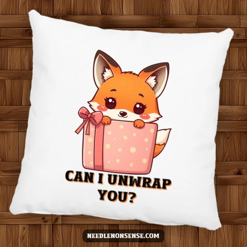 Funny kawaii fox peeking from behind a large, colorful present, a humorous and cuddly design on this pillow, great for comfort.