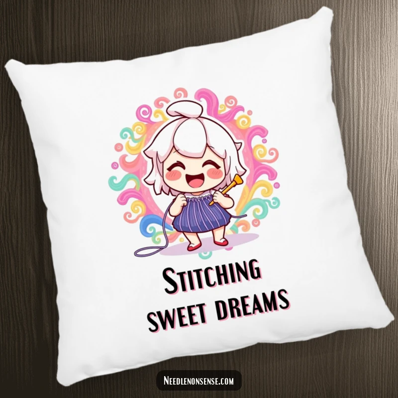 Funny delighted needle character joyfully stitching a vibrant, swirling pattern, adding cozy humor to this decorative pillow.