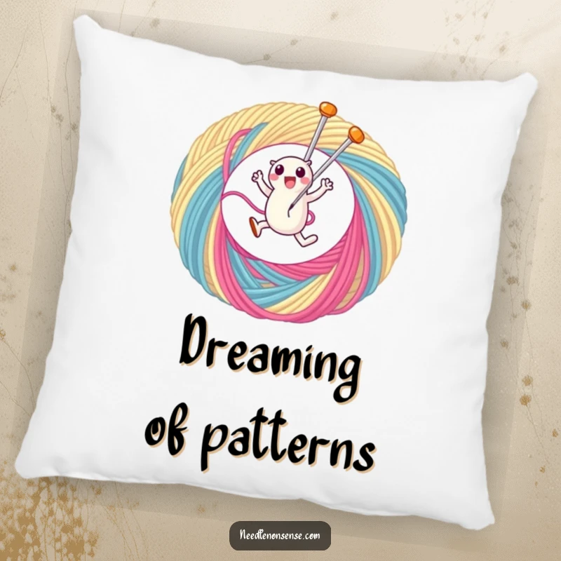 Funny pillow with a cute needle character mid-leap through a large loop of colorful thread, bringing sewing charm indoors.