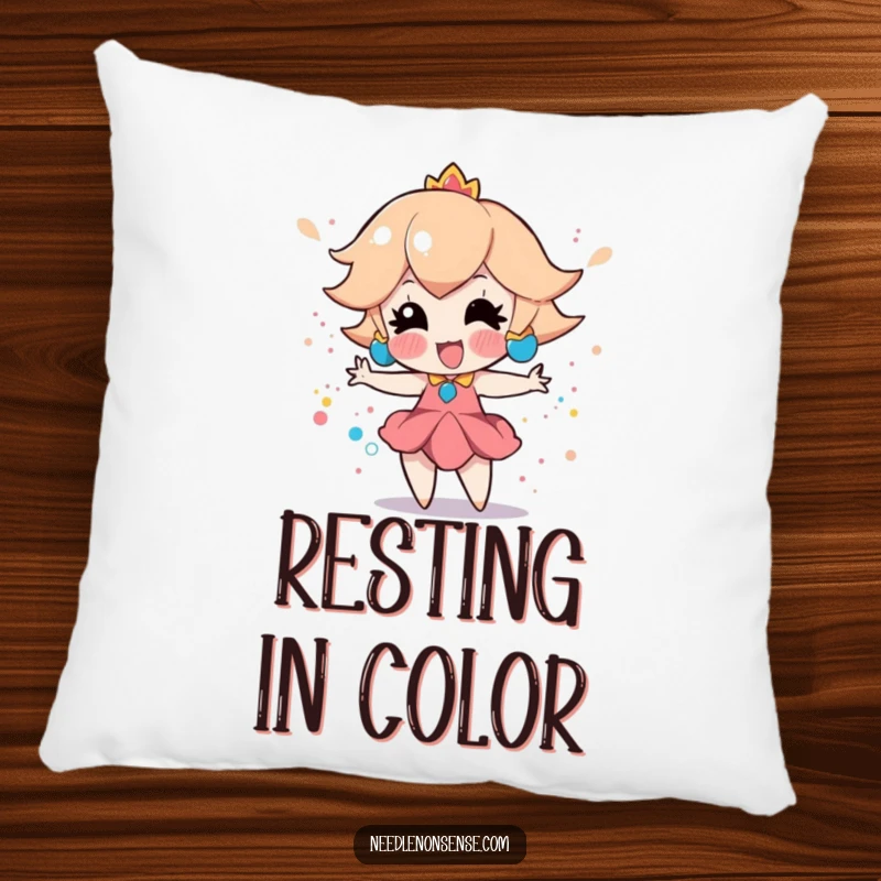 Funny pillow featuring a playful peach character enthusiastically creating a vibrant splatter paint effect, perfect for artistic comfort.