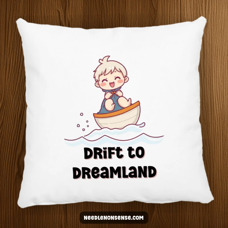Funny pillow featuring a giggling character adventuring on a thimble boat, adding a touch of whimsical humor to any room.