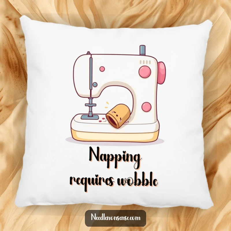 Funny pillow designed with a sewing thimble in a comical fall from a sewing machine, bringing a humorous touch.