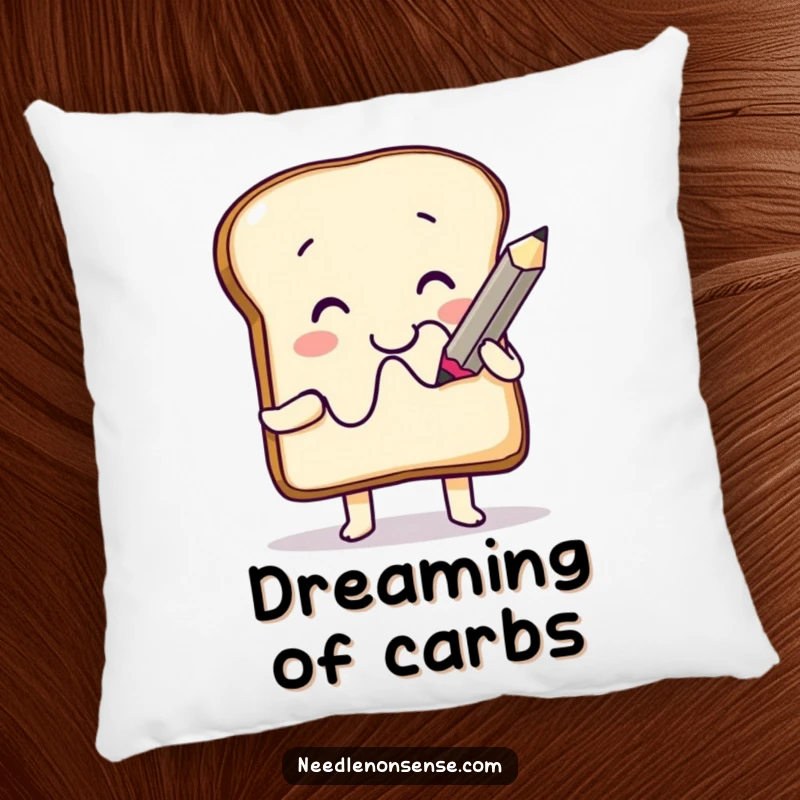 Funny Pillow: A smiling toast character using a giant pencil to draw a squiggle, offering comfort and artistic humor.