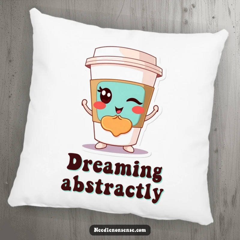 Funny pillow featuring a winking coffee cup character proudly displaying a colorful abstract design, perfect for adding artistic comfort.