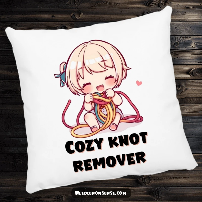 Funny Yarn Knot Pillow: A character untangles a colorful yarn knot, offering comfort and a touch of crafty humor.