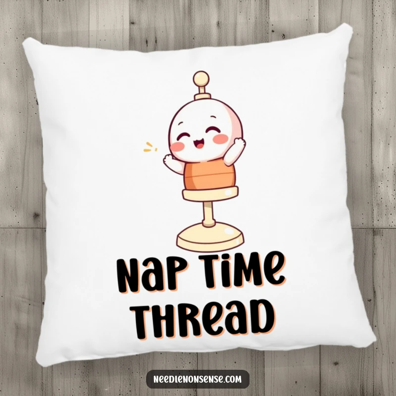 Funny pillow with a giggling bobbin character spinning happily, providing comfort and humor for sewing enthusiasts.
