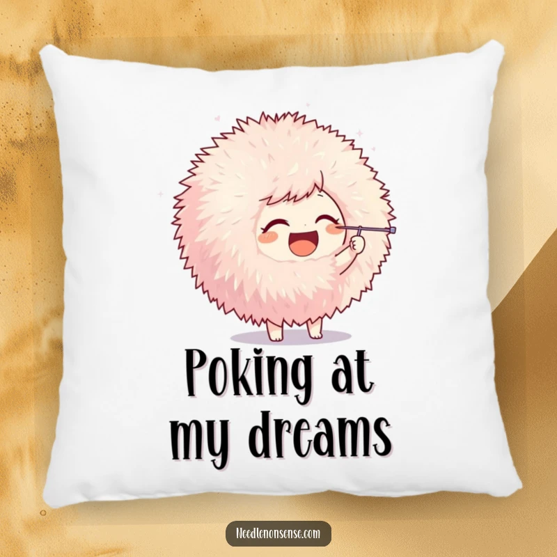 Funny pillow featuring a joyful character playfully poking a giant pom-pom with a needle, adding whimsical humor to any room.